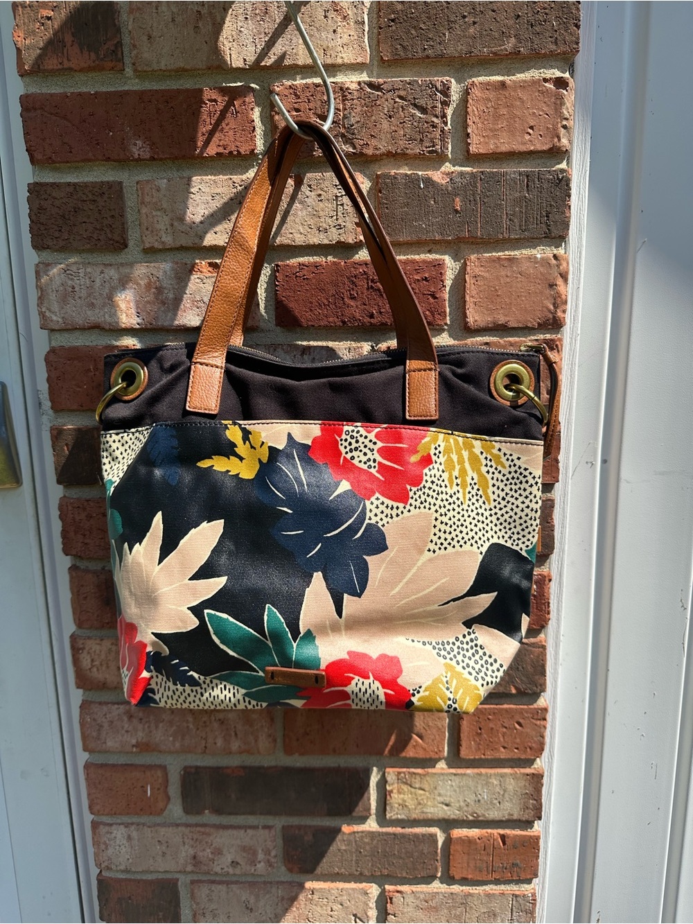Fossil Leah‎ Blue Floral Tote Bag Double Leather Straps Coated Canvas 15” x 12”